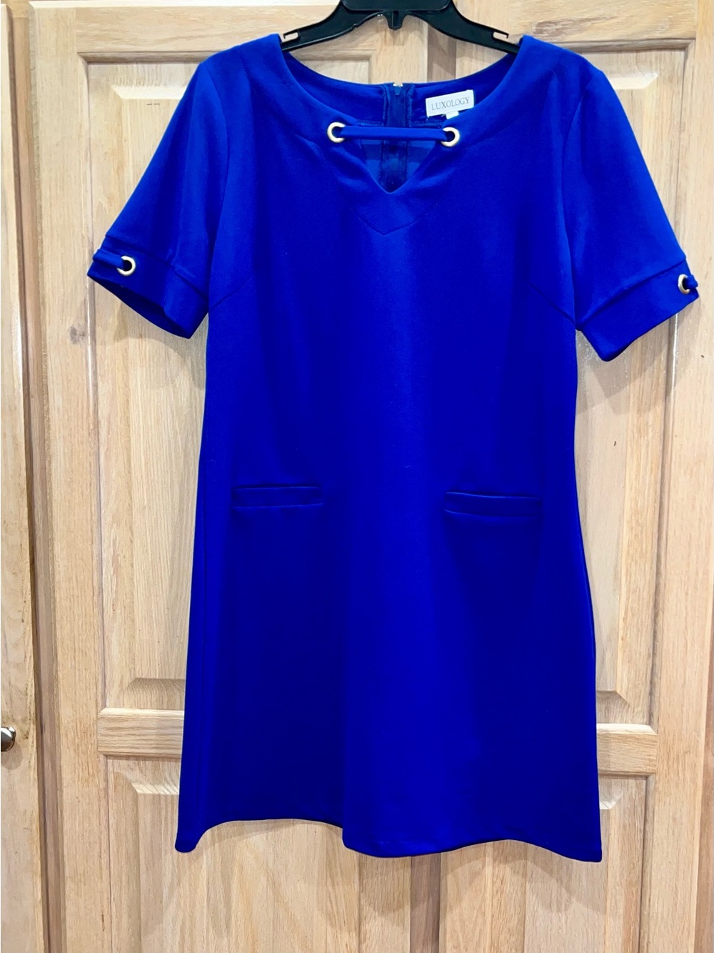 Luxology Cobalt Blue Short Sleeve Shift Dress with Grommet Accents